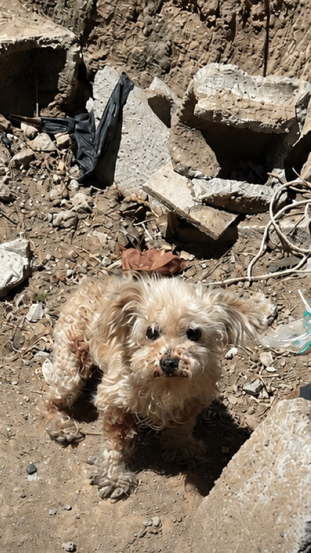Pulguita abandonada entre escombros