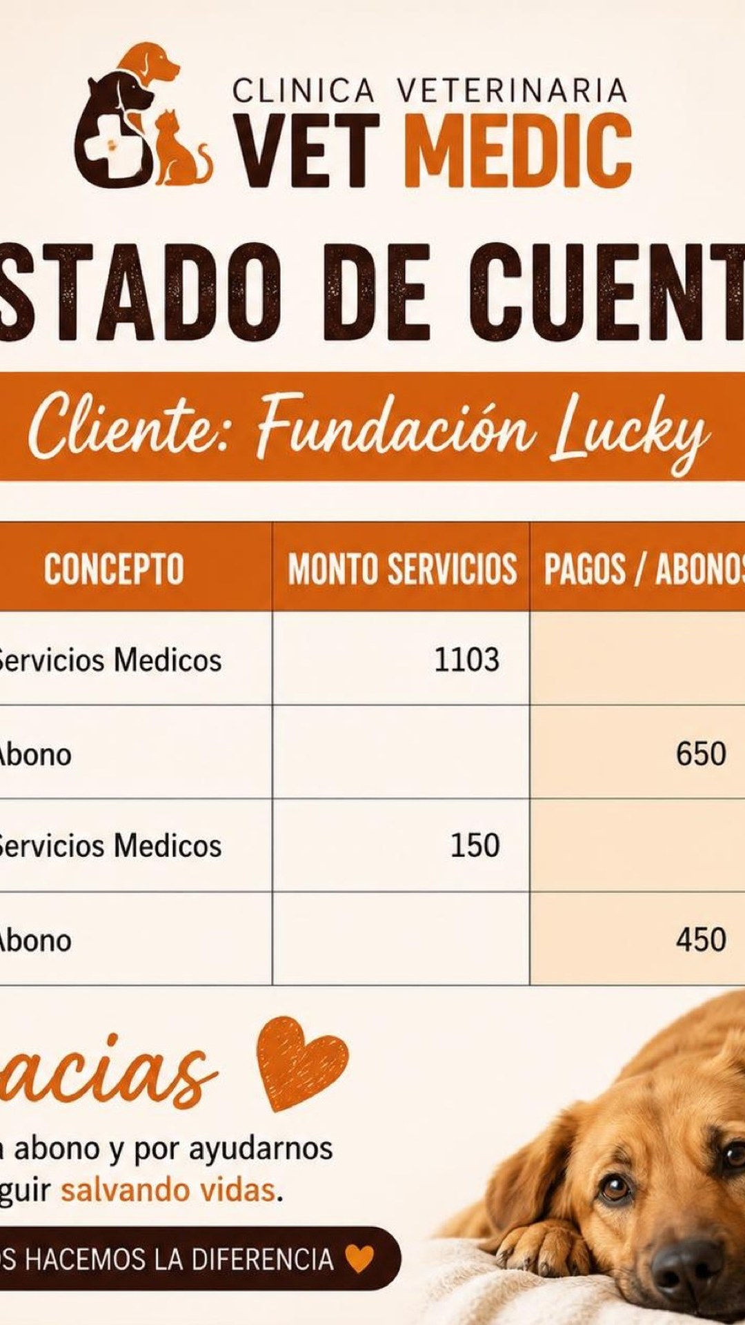 Estado de cuenta de Clínica Veterinaria VET MEDIC a nombre de Fundación Lucky